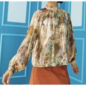 NWT Marie Oliver June Blouse Metallic Earth Dye Long Sleeve Mock Ruffle Neck XS
